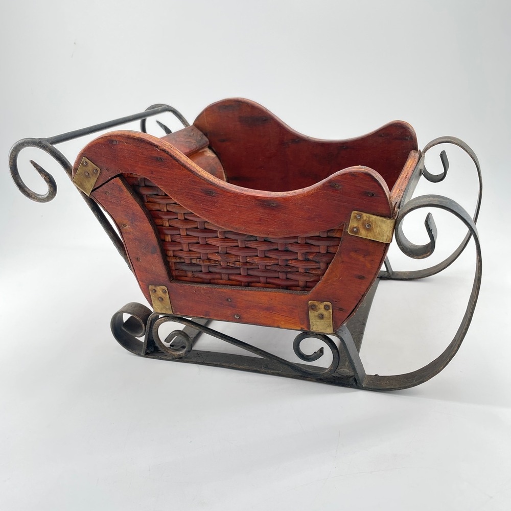 Vintage Wrought Iron and Wood Decorative Christmas Sleigh Wicker Centerpiece 12"